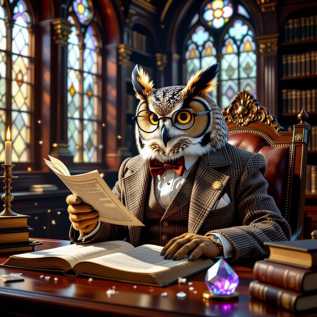 Wise Old Owl in Library with Ancient Books