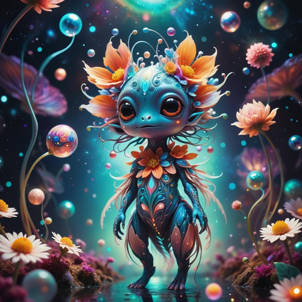 Whimsical Flower Being Soars in Celestial Realm