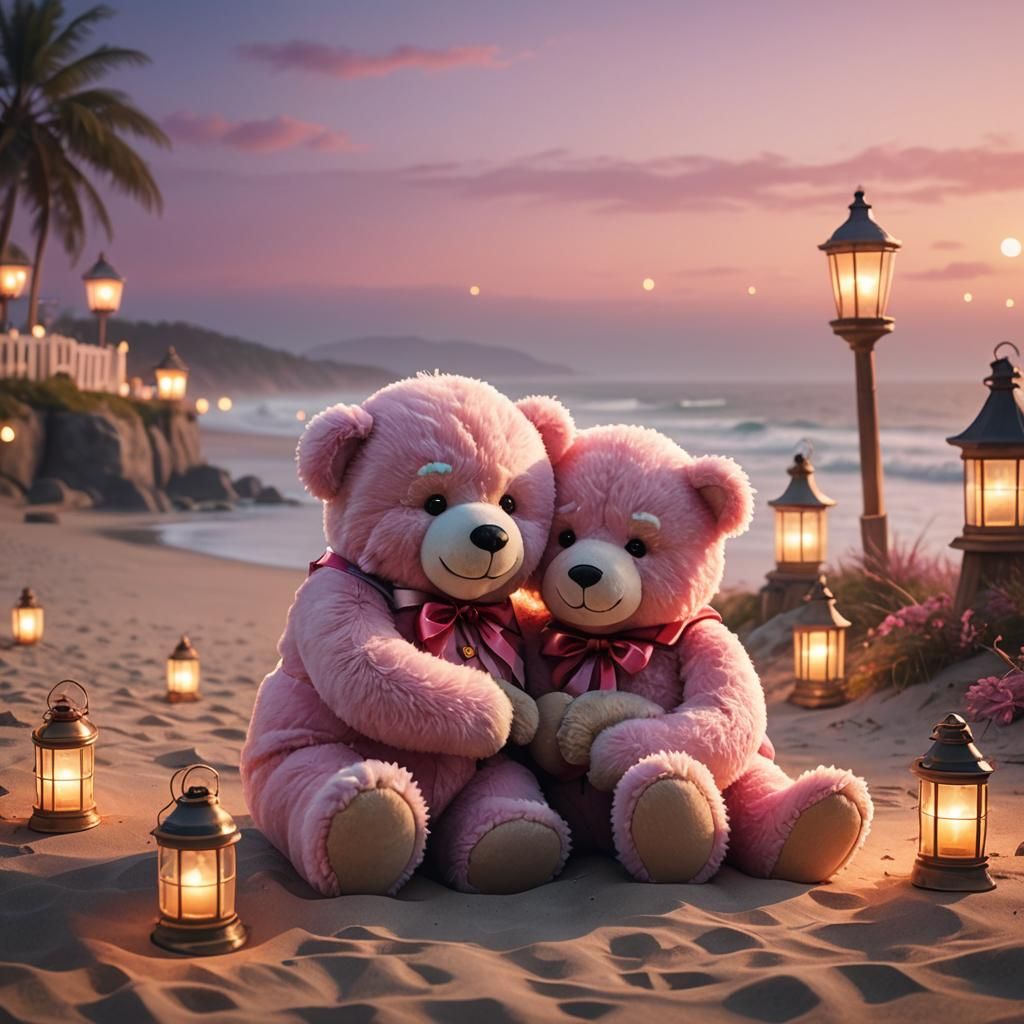 Teddy Bears Hugging Santa on Beach, Whimsical Art