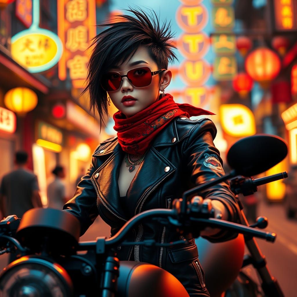 Japanese Woman on Motorcycle in Cyberpunk Style