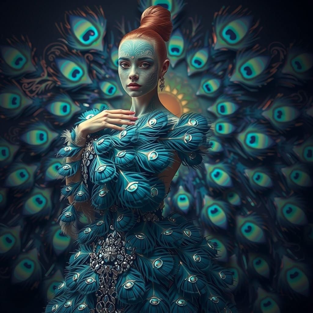 Glamorous Peacock Haute Couture Model in Bold, Avant-Garde S...