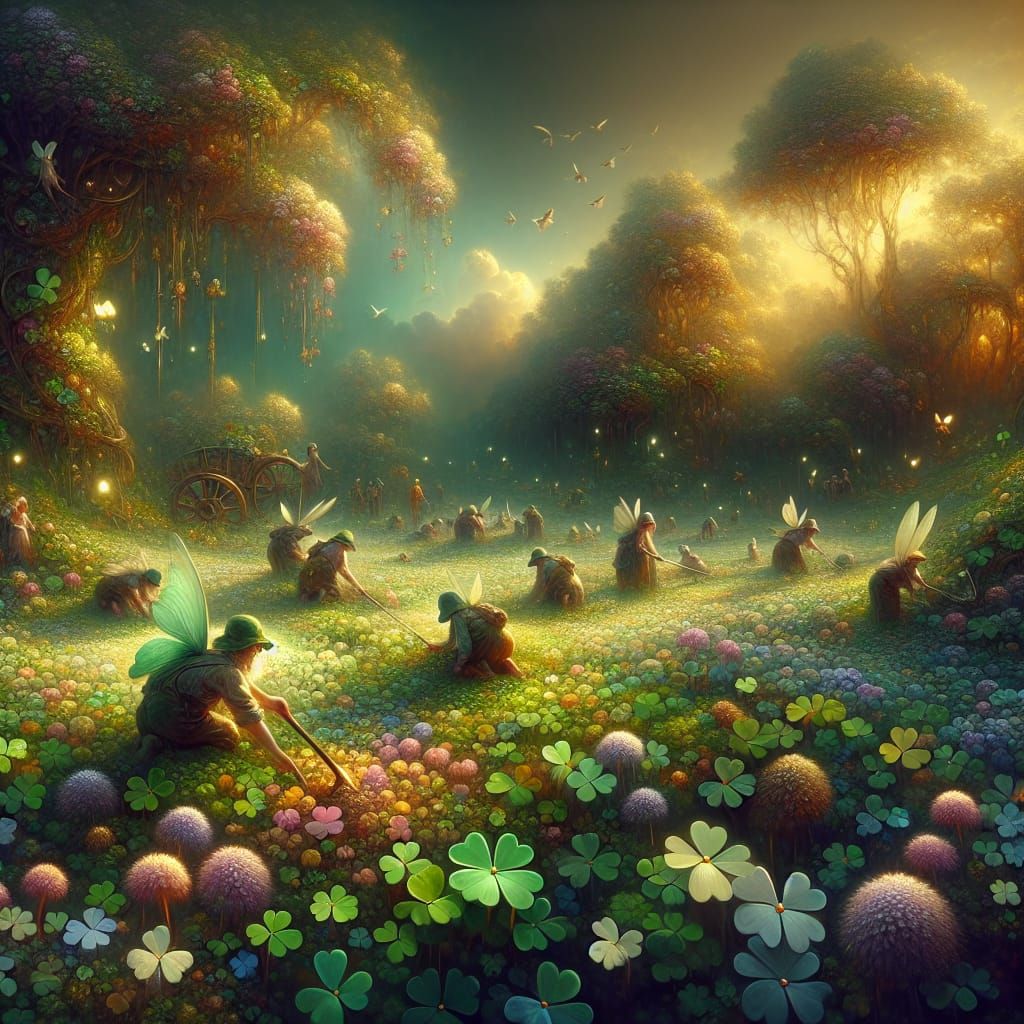 Fairies Farming Shamrocks in Morning Light, Detailed Matte P...