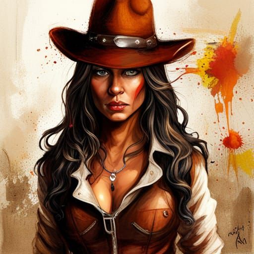 Cowgirl Supermodel in Spaghetti Western Street Art Style