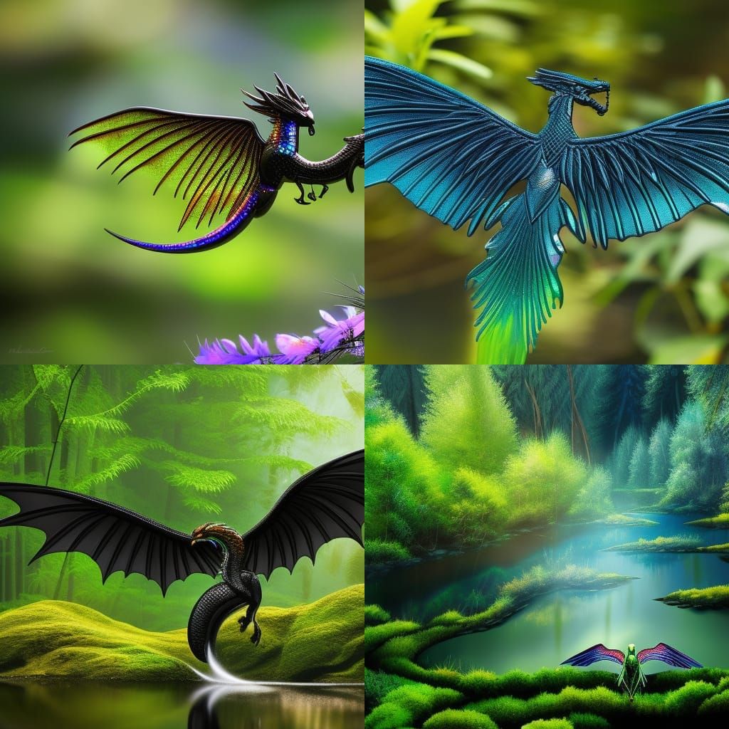 Holographic Dragon Drinks in Forest: Detailed Surrealism