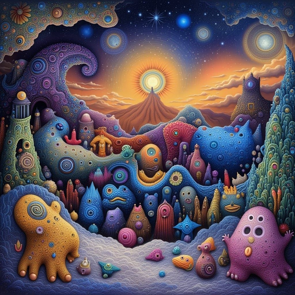 Whimsical Sunrise in a Vintage Picture Book Style