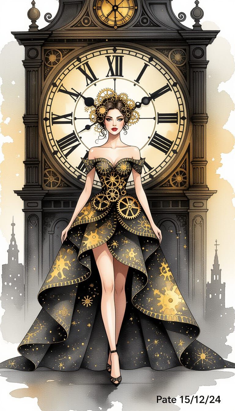 Woman in Clock Tower, Alcohol Ink Art