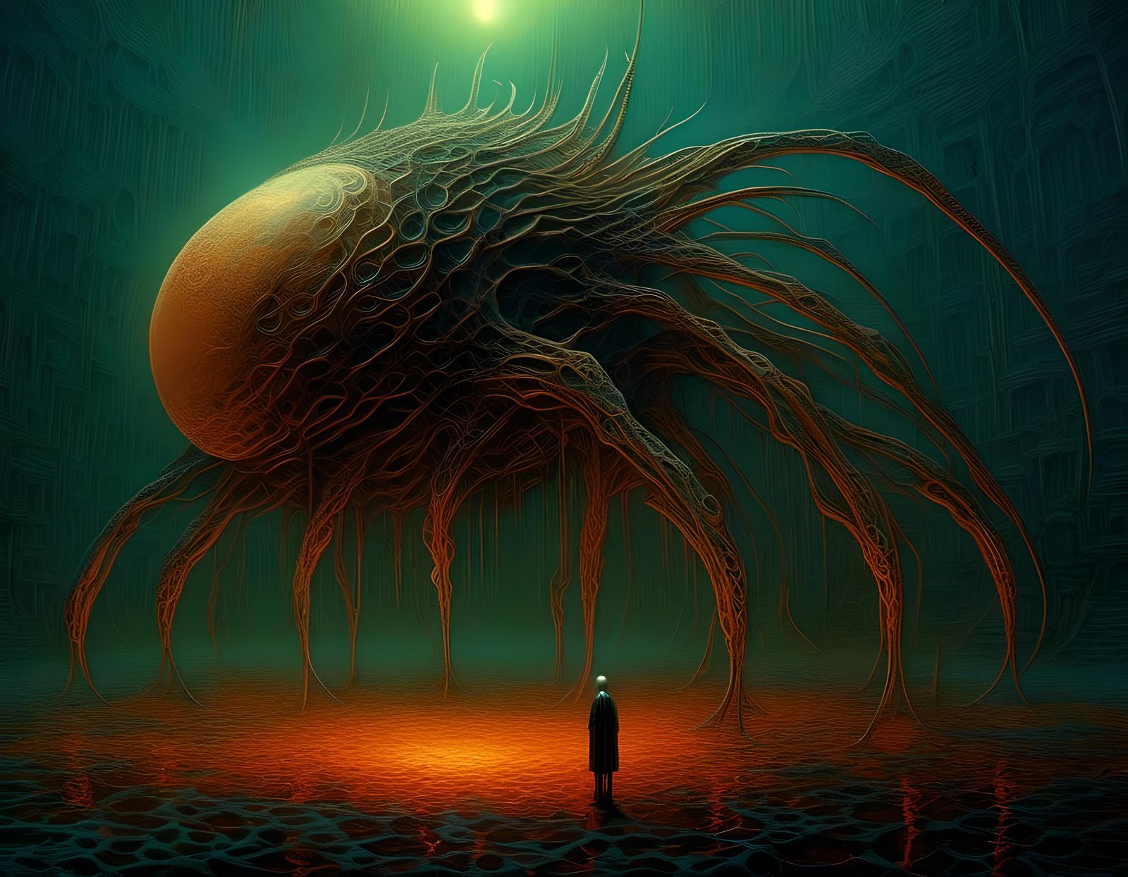 <lora:StyleGP2:1.0> <lora:Epica:1.0> A long sinuous creature with a face that opens into a four-pointed star with multip...