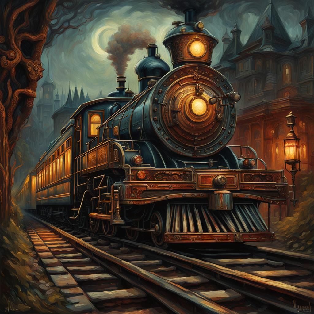 1980s Train Art Nouveau Impasto Oil Painting