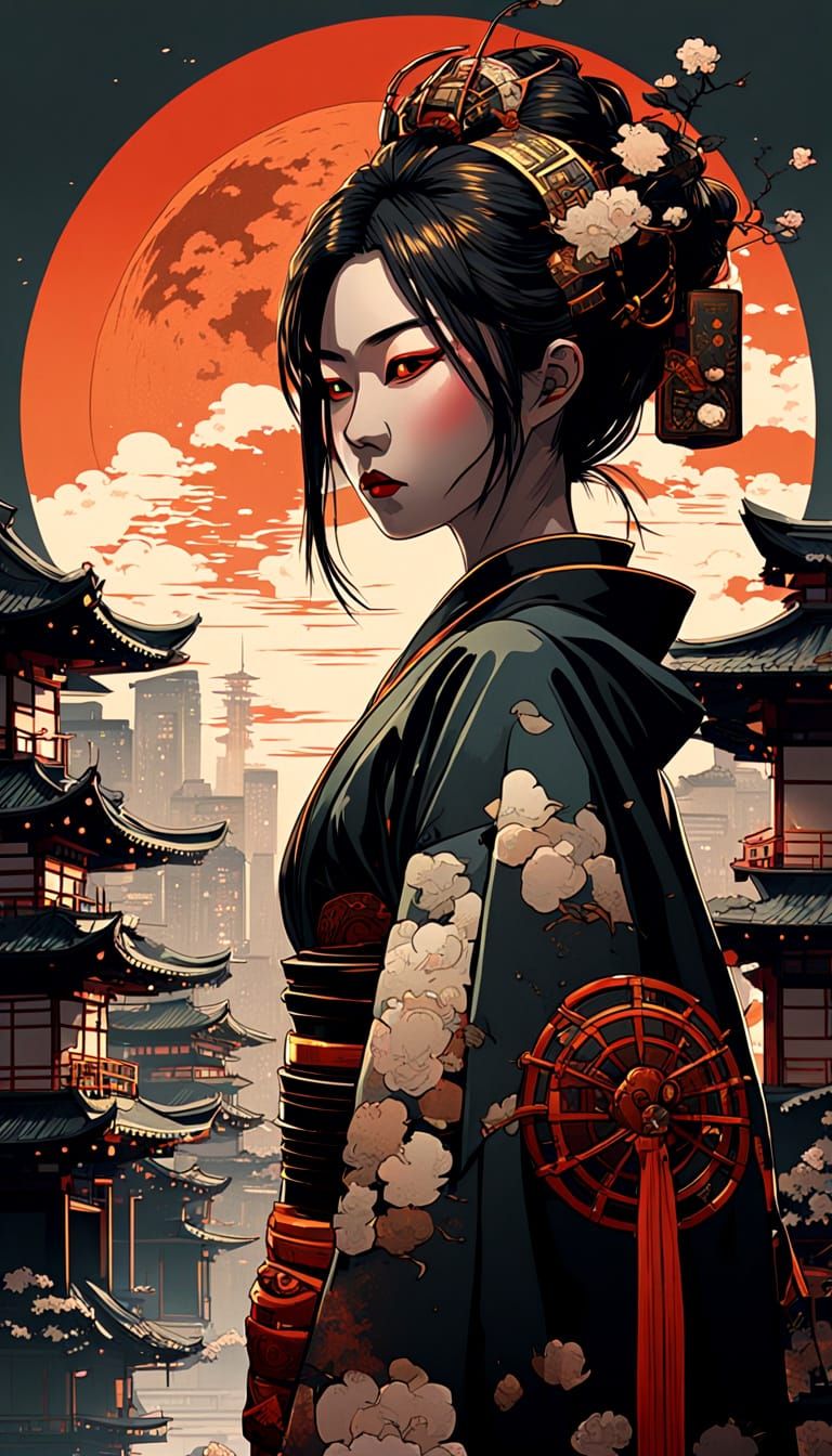 Steampunk Onna-Bugeisha in Japanese Cyberpunk City