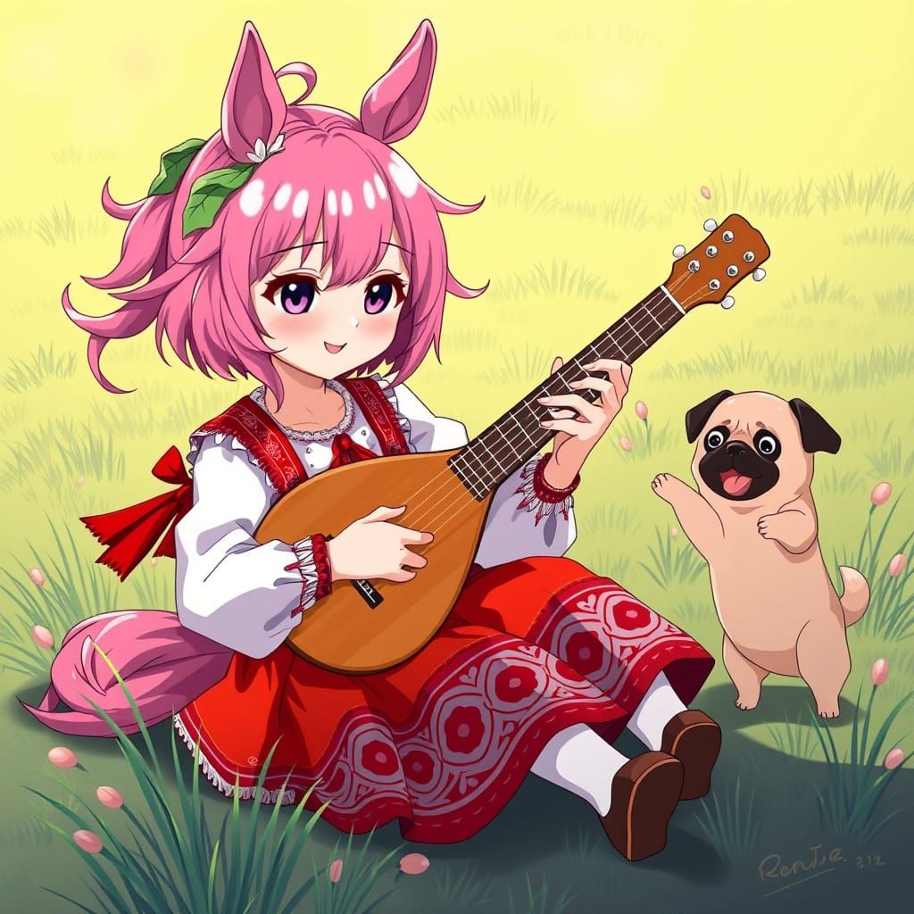 Anime Girl Plays Balalaika in Traditional Russian Folk Costu...