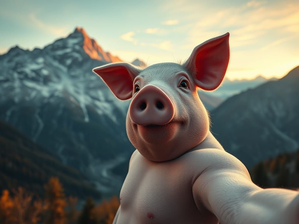 Pig-Man Takes Selfie in Autumn Swiss Alps