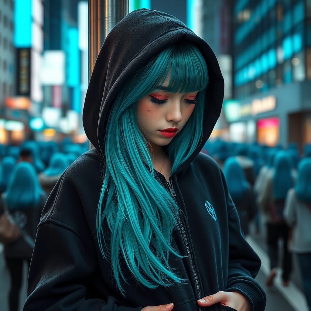 side view beautiful emo girl in black hoodie hood down with green highlights in hair. red eyes looking down snow flake t...