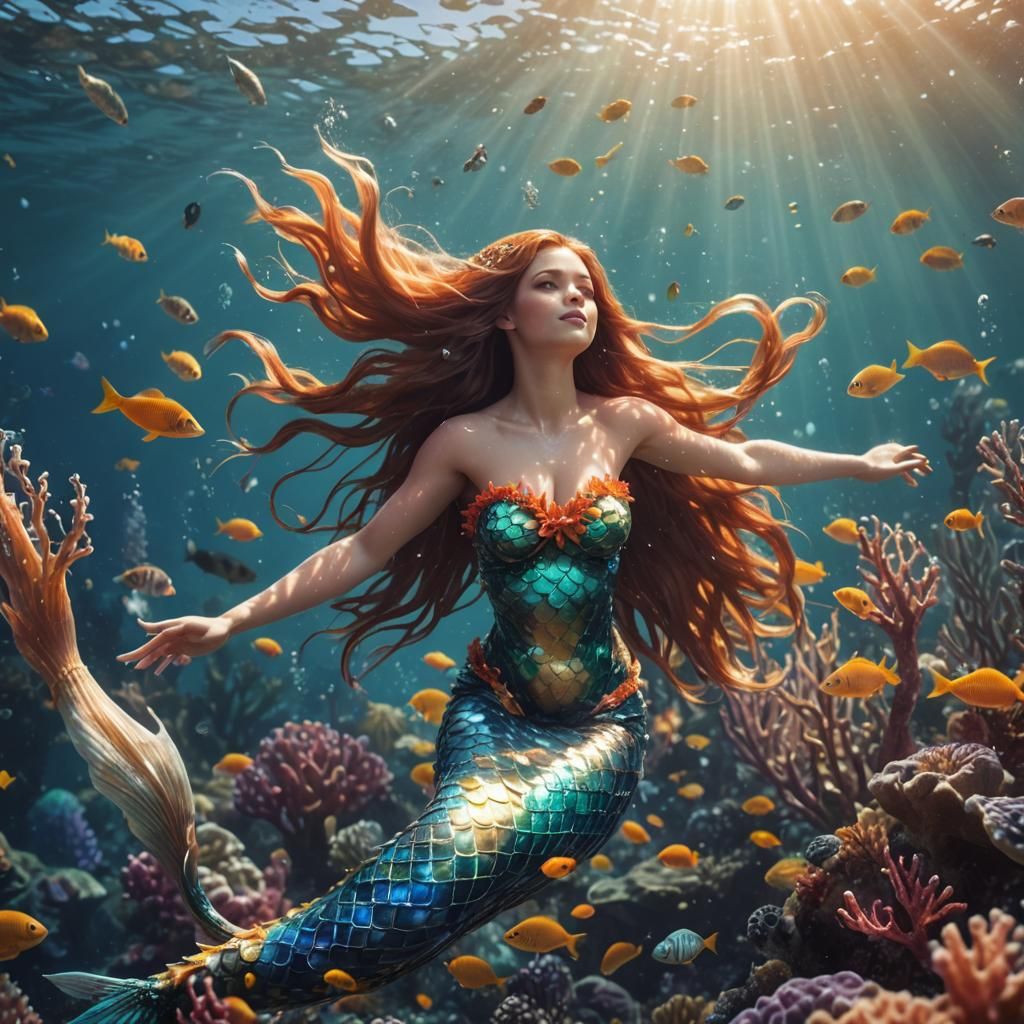 Mermaid Gliding Through Coral Reef: Hyper-Realistic Digital ...