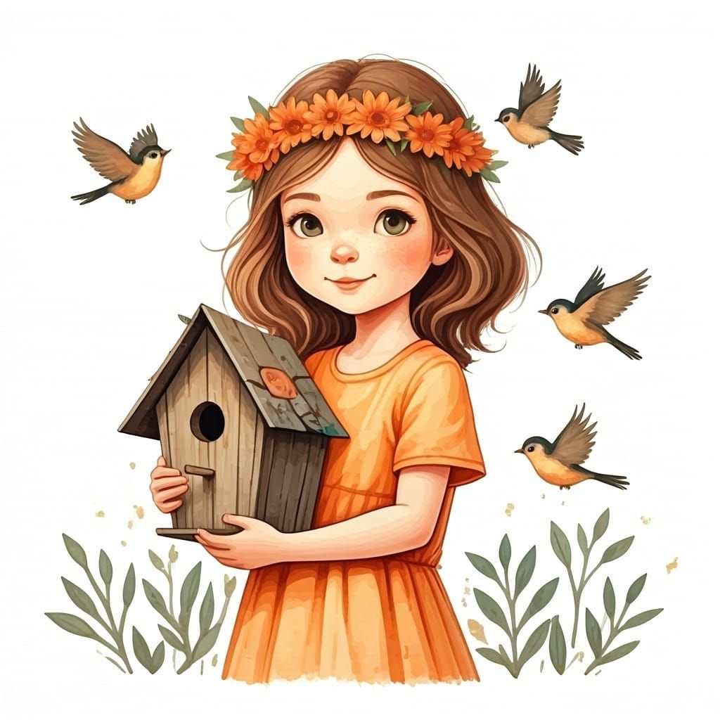 Girl with Birdhouse in Whimsical Watercolour Style