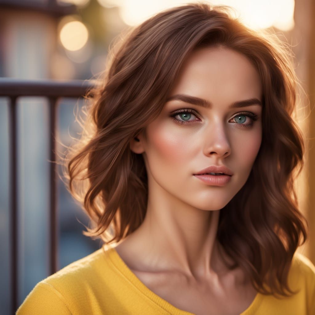 Photorealistic Woman on Balcony in Soft Sunlight