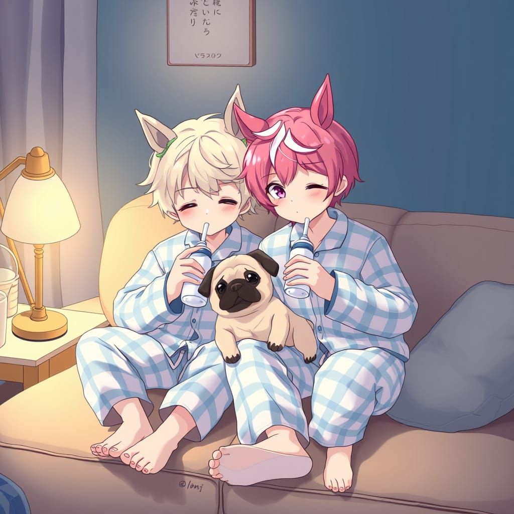 Cute Schoolboys with Horse Ears Enjoy Pug Puppy's Milktime