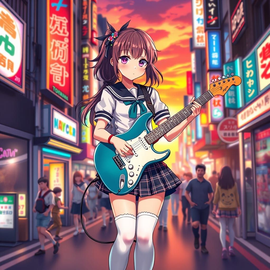 Anime-Inspired Music Girl in Vibrant Tokyo Street Scene