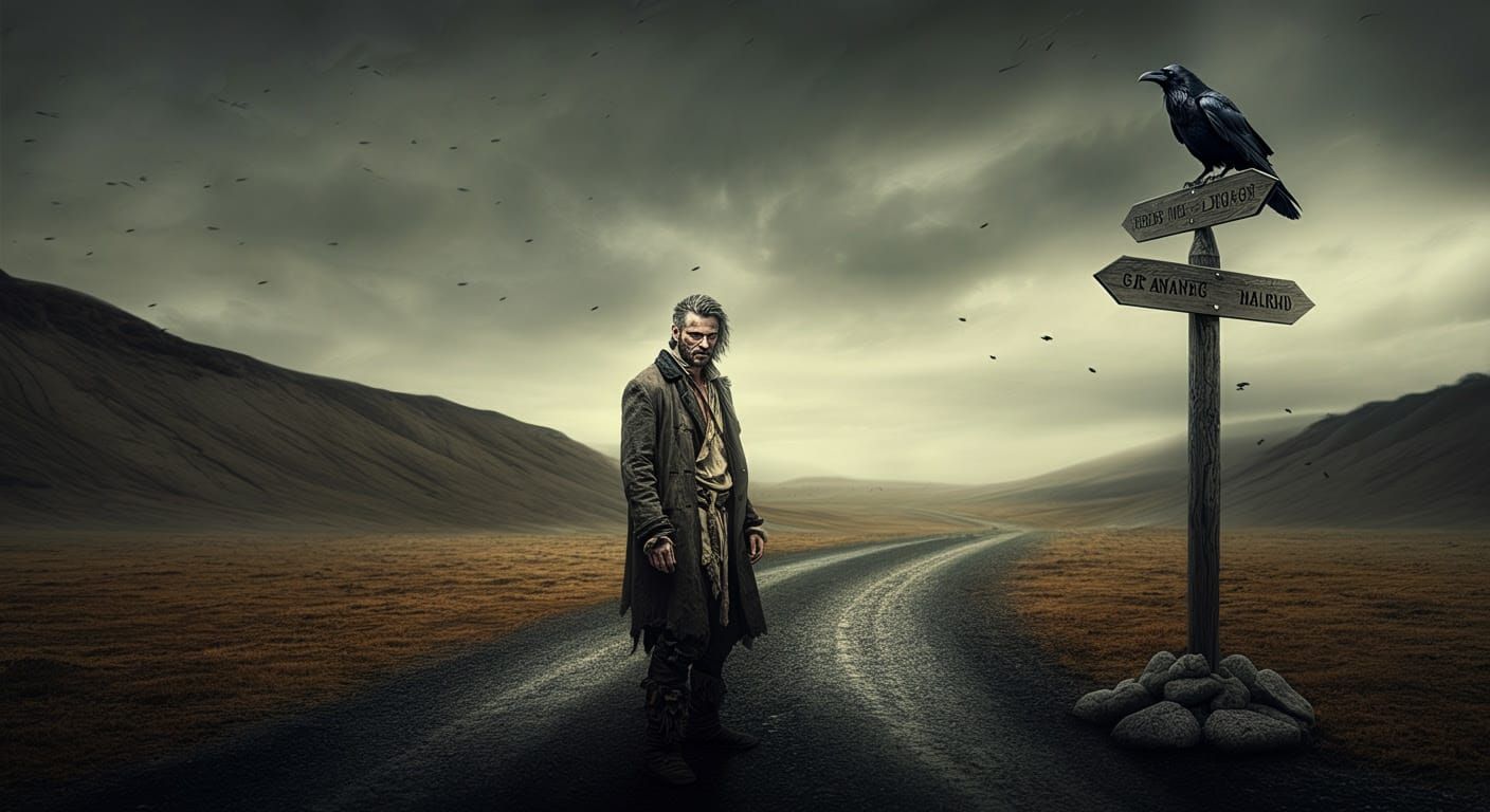 Mysterious Stranger at Crossroads in Turbulent Landscape