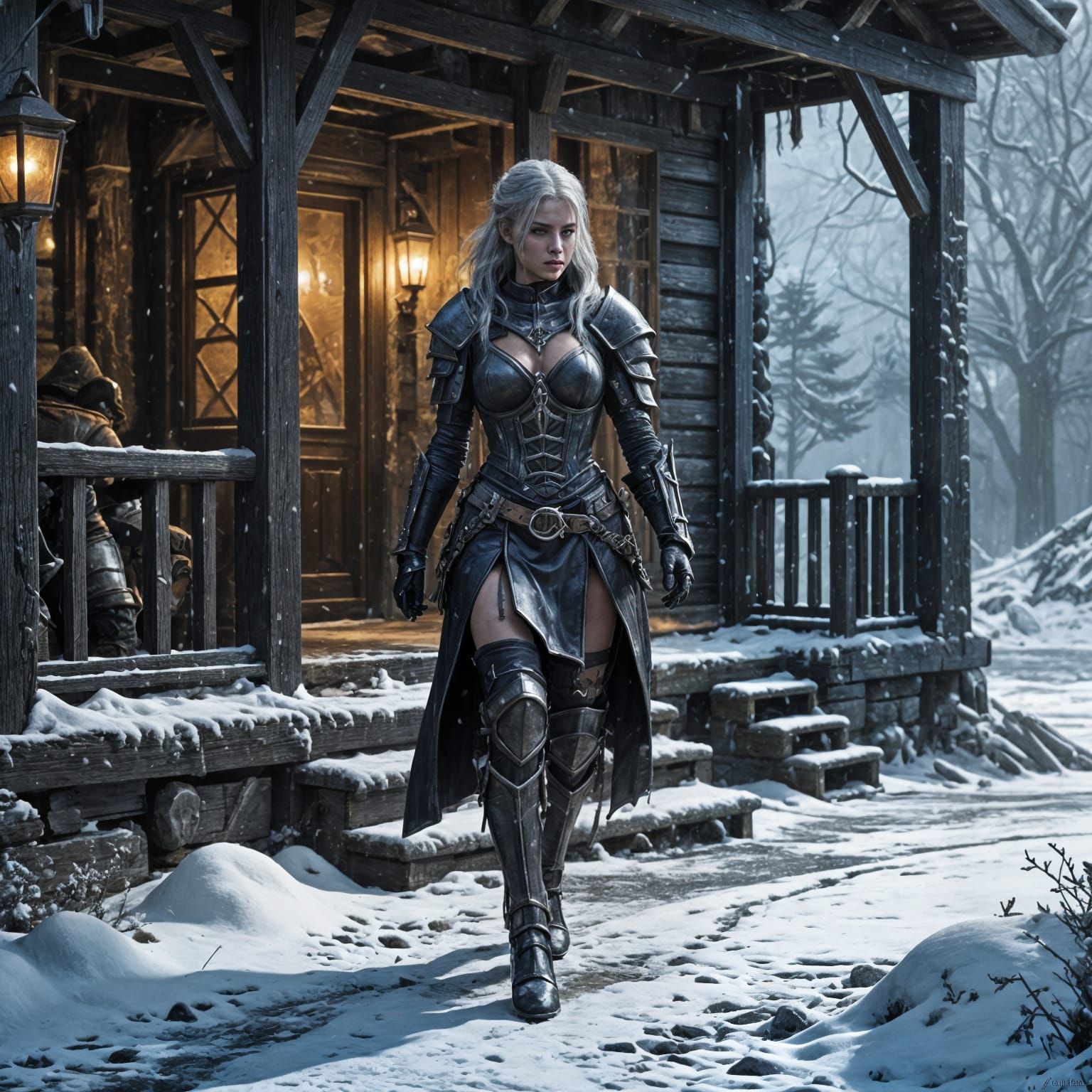 Dark Elf Exits Snowy Tavern in Medieval Warhammer Style