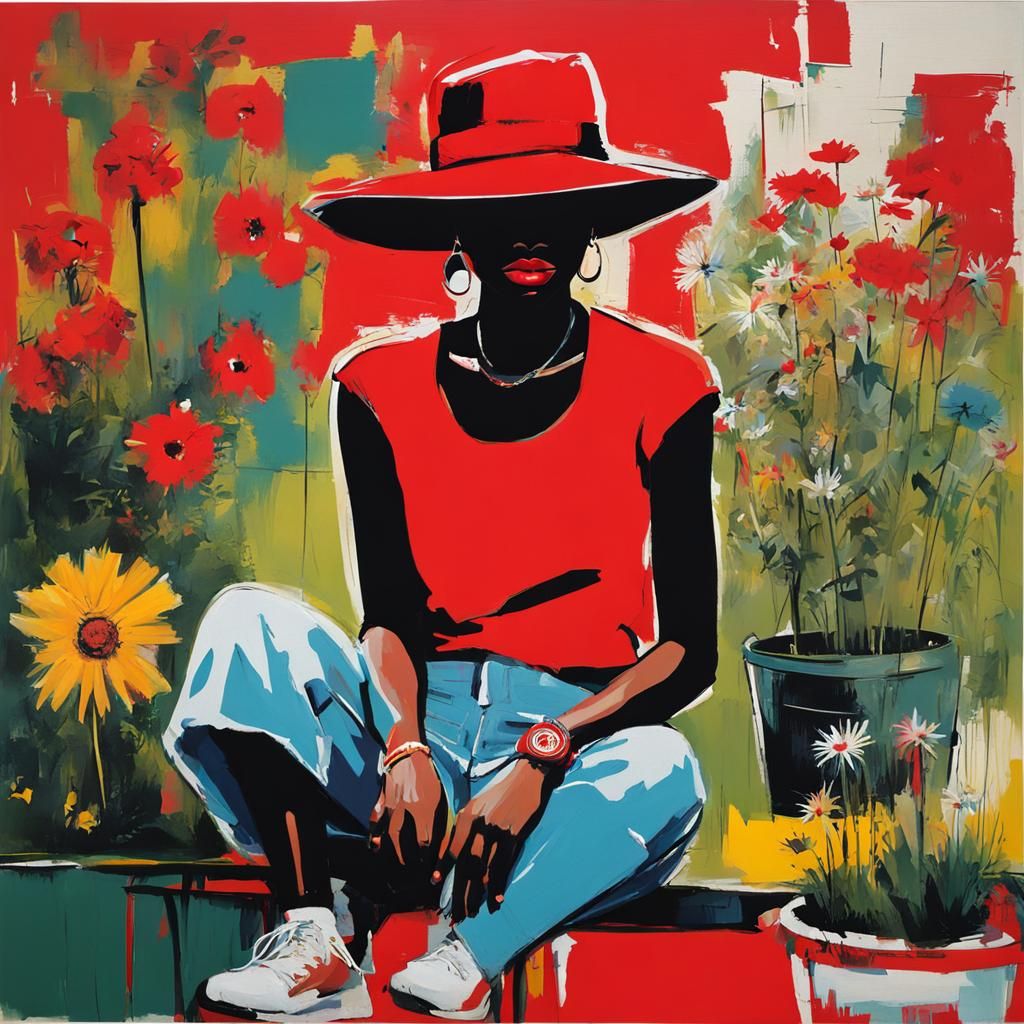 Woman with Red Hat (in style of Jean-Michel Basquiat)