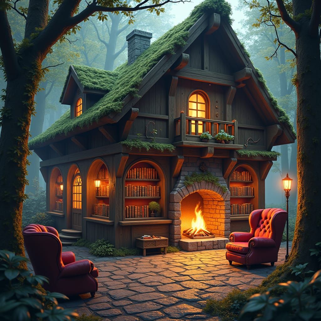 Enchanted Medieval Cabin in Forest Bibliotheque