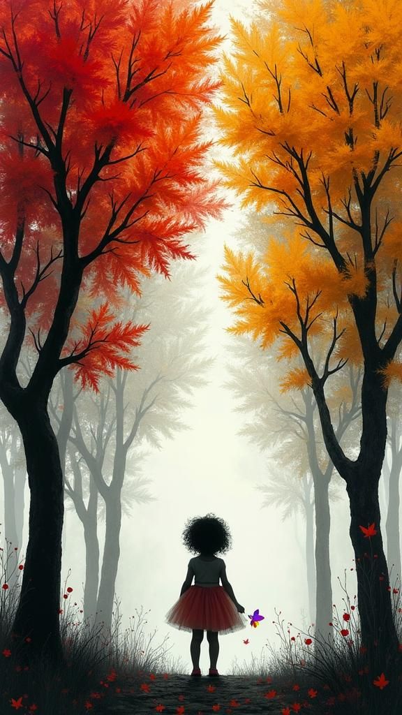 Whimsical Child in Surreal Autumn Forest as Rayograph