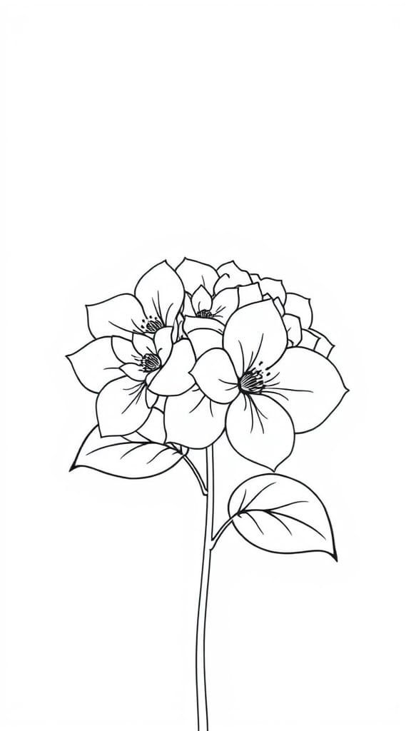 Stylized Black and White Line Art of Hydrangea Flowers
