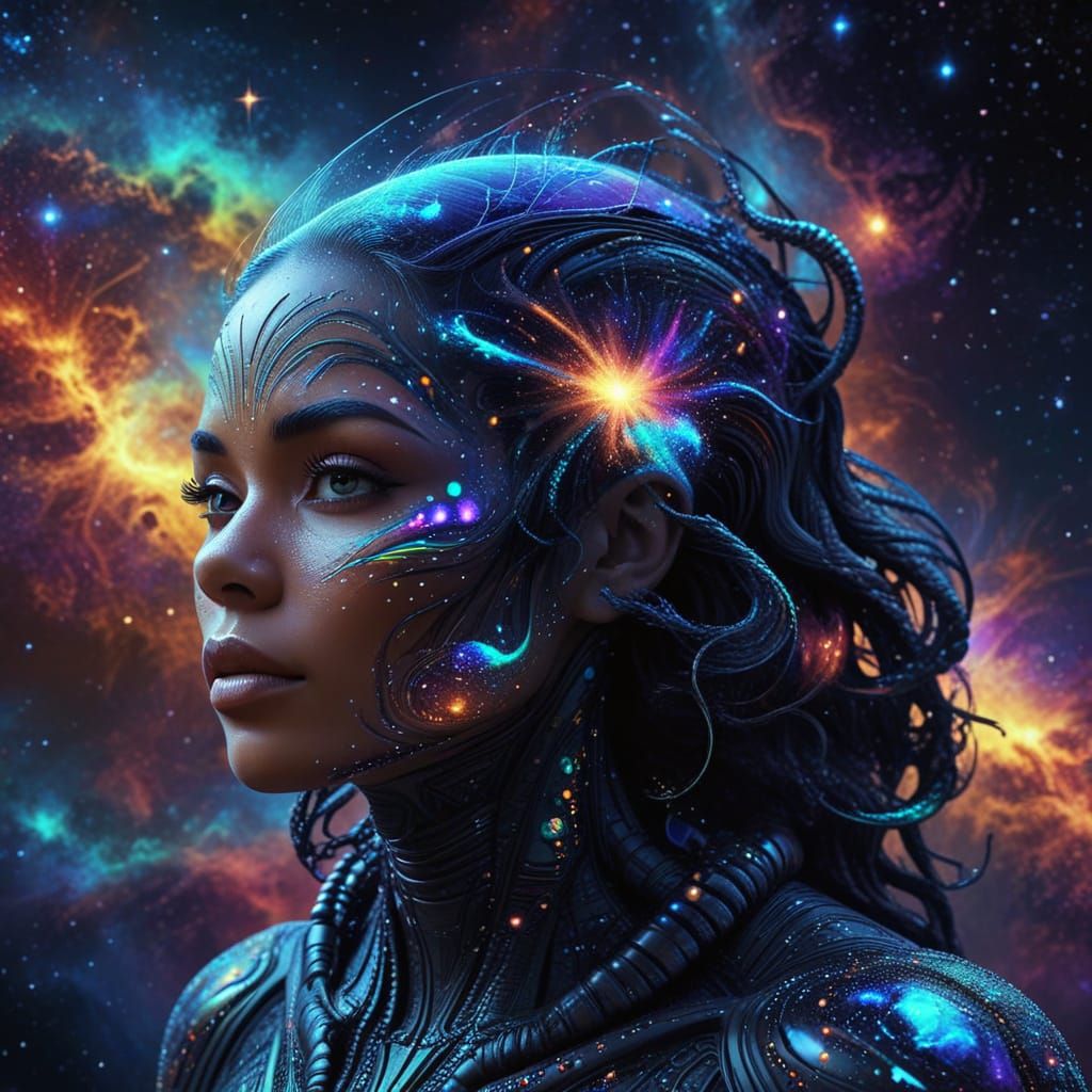 Cosmic Woman with Alien Tattoos and Glowing Markings in Spac...