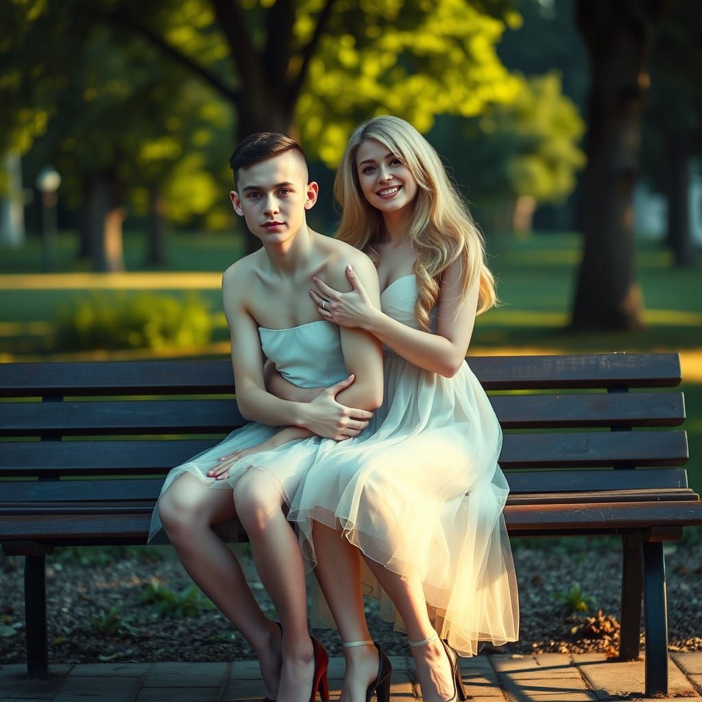 Young Man in Bridesmaid Dress on Park Bench with Friend