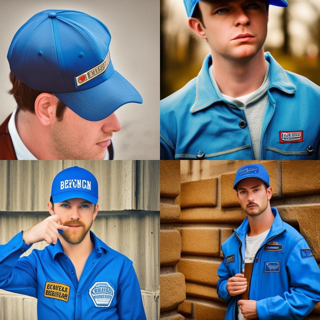 Hyperrealistic Mechanic in Blue Suit and Hat