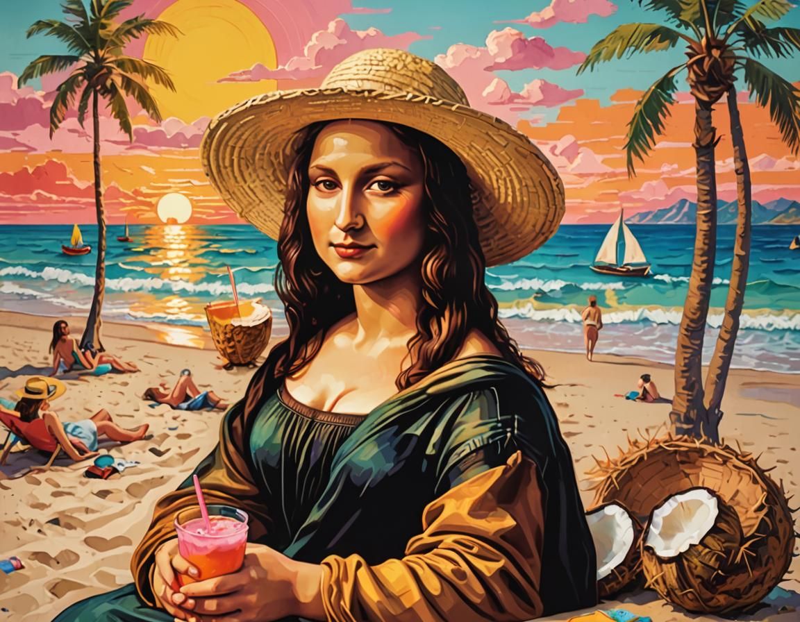Mona Lisa lounging on a sun-soaked beach