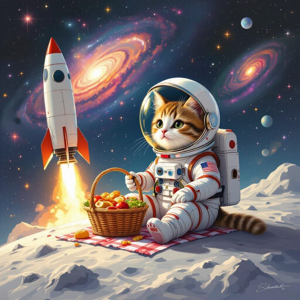 Cat Astronaut's Moon Picnic in Dreamy Digital Art