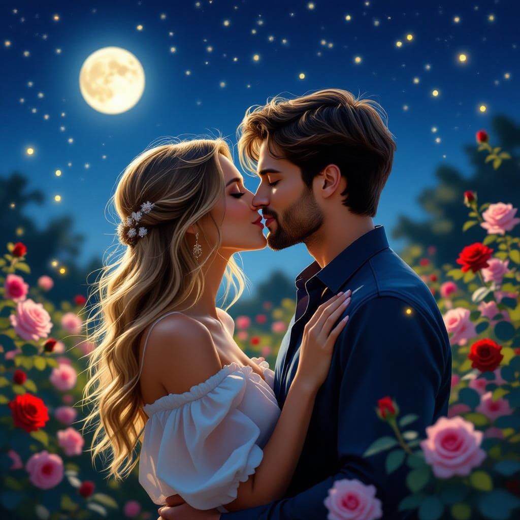 Romantic Couple Kissing Under Starry Night Sky