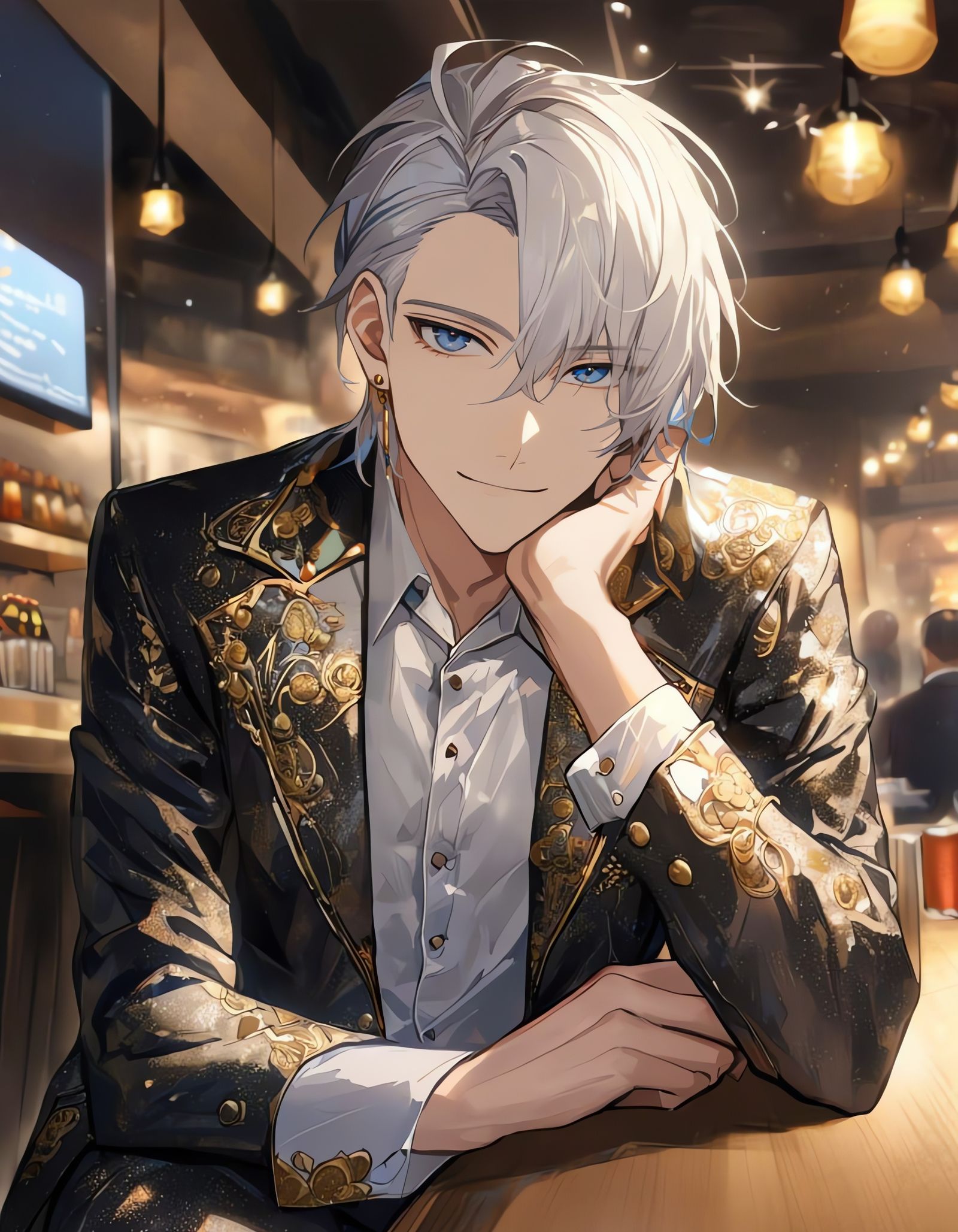 Surreal Scene of a Bishounen in a Flashy Restaurant Suit wit...