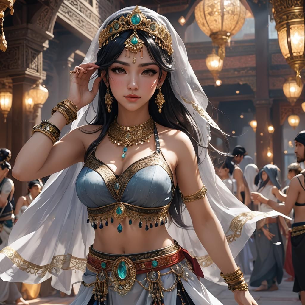 Anime Style Belly Dancer with Tiara and Veil