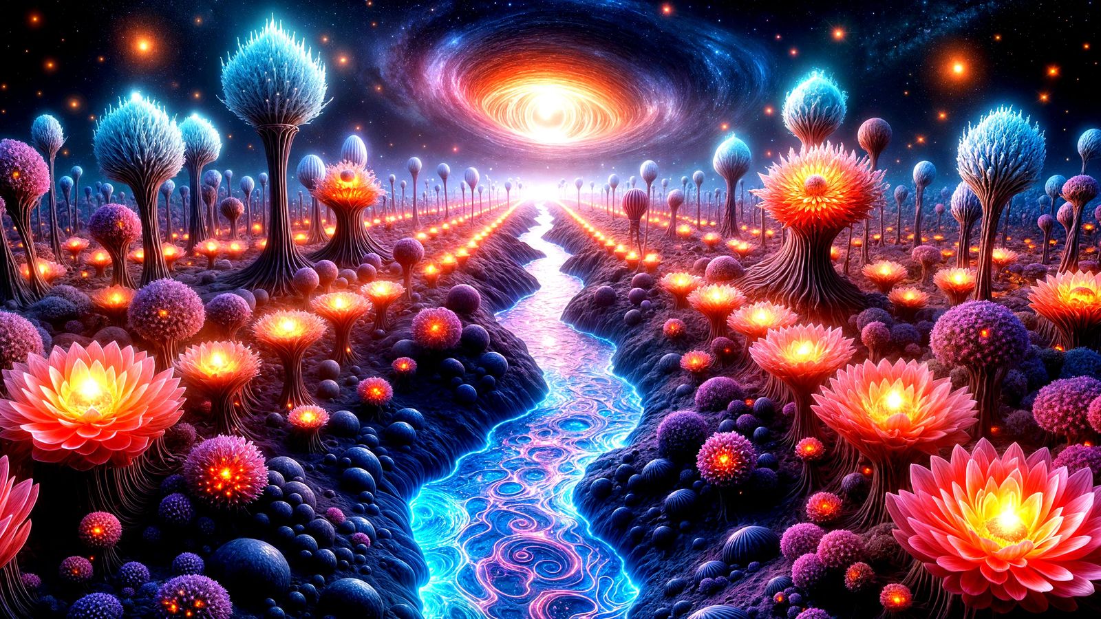 Cosmic Bloomopolis: Surreal Lace Fractured Landscape with Al...