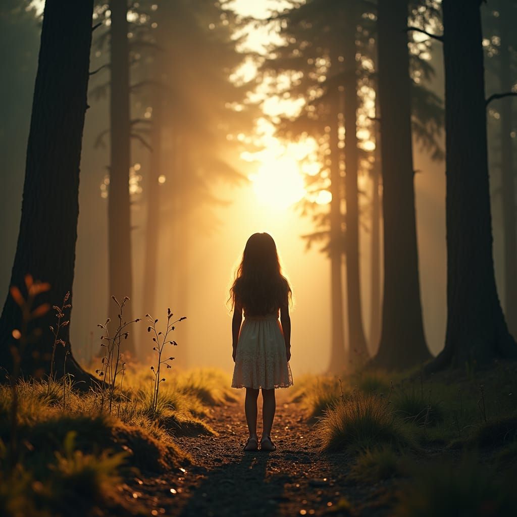 Girl in Forest Sunlight, Hyperrealistic Photography