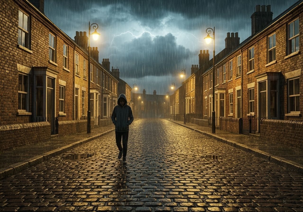 Boy Walks Down Rainy Street in Old Mining Town