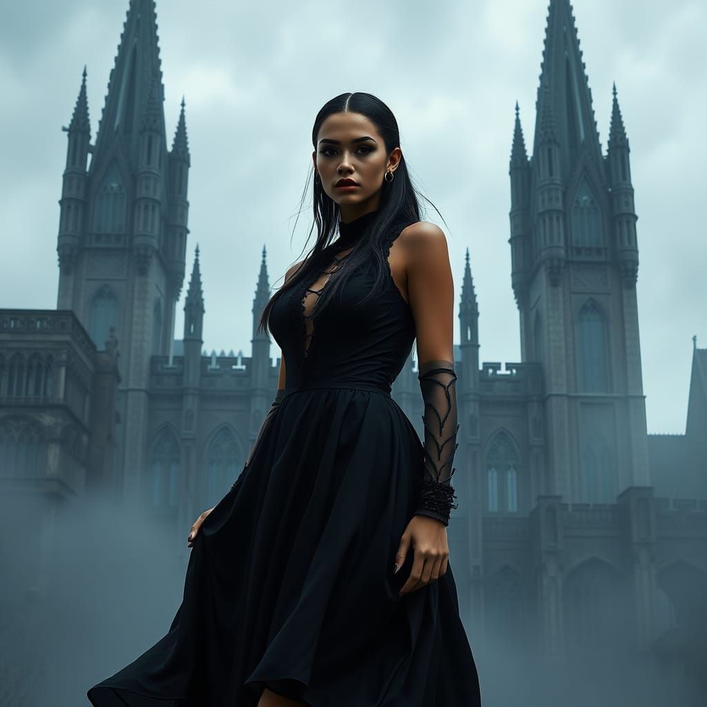 Black Emo Woman in Misty Gothic Castle
