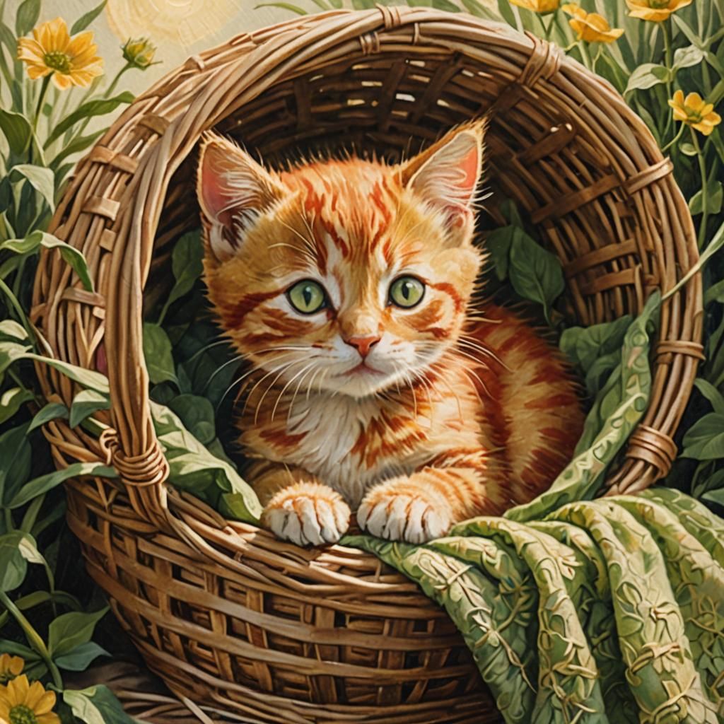 Red Kitten Snoozing in Wicker Basket as Oil Painting