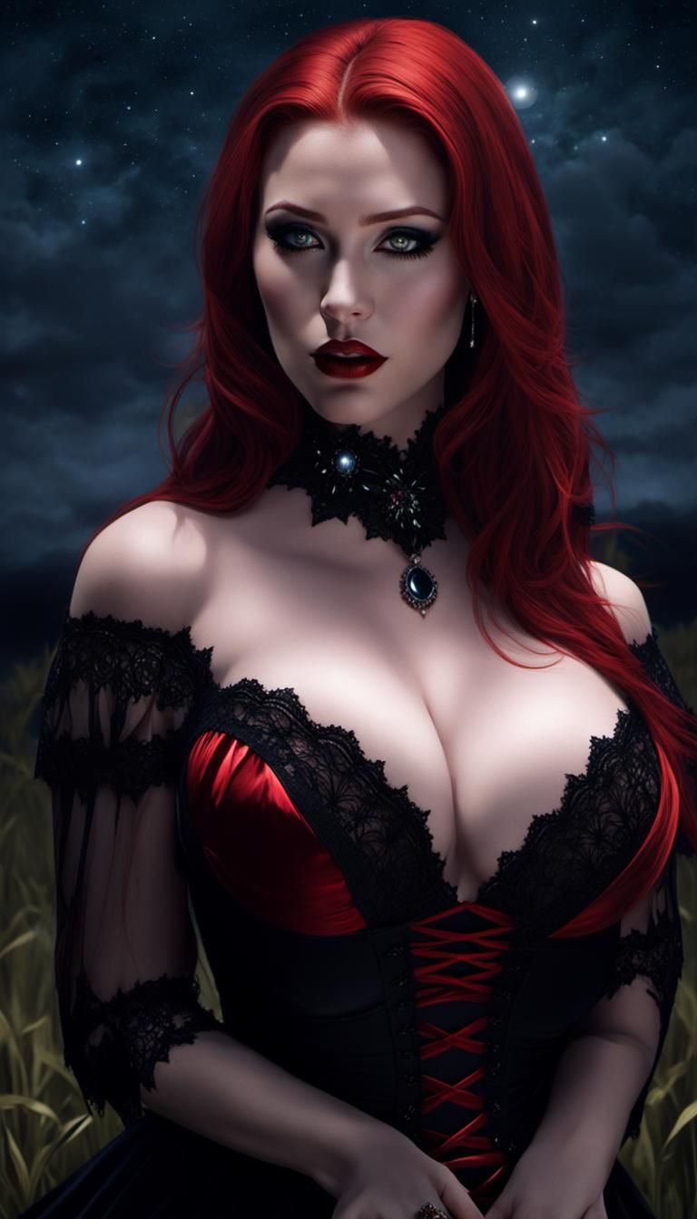 Redhead Vampire in Field Under Stars