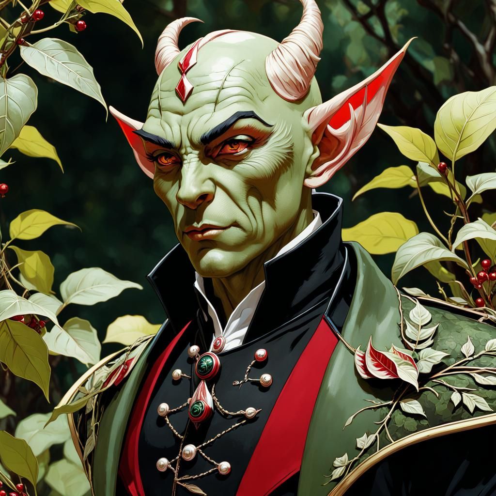 Grizzled Goblin Warlock in Detailed Botanical Setting