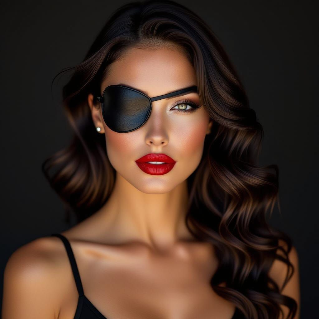 Confident Woman with Eyepatch and Red Lipstick