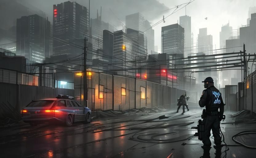 Cyberpunk Police Officer in Dystopian Cityscape