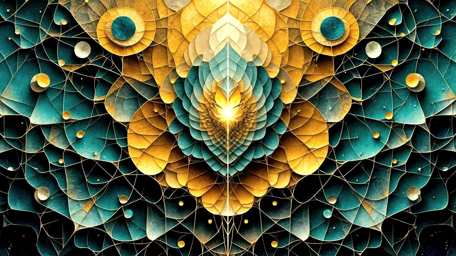Unfolding Fractal Mandala in Gold and Aqua