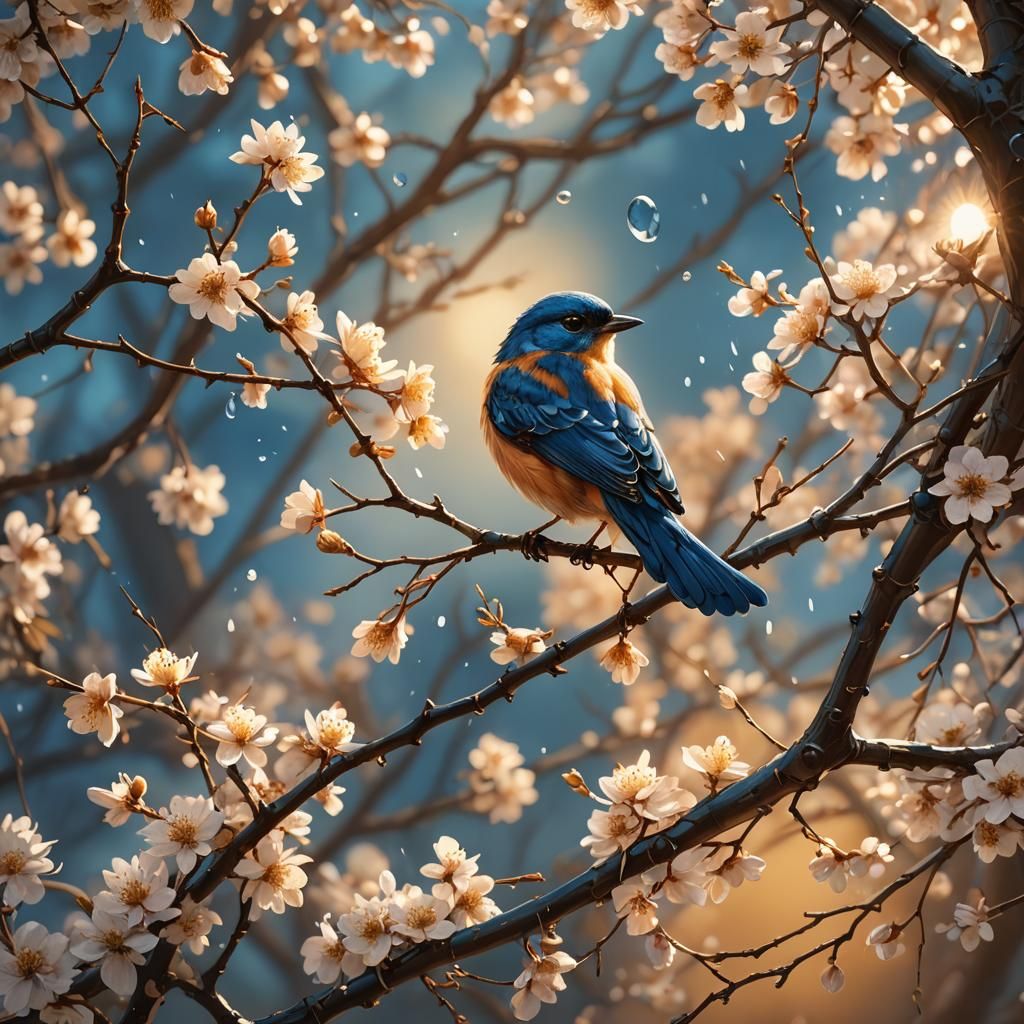 Bird on Spring Tree: Fantasy Art in Waterhouse Style