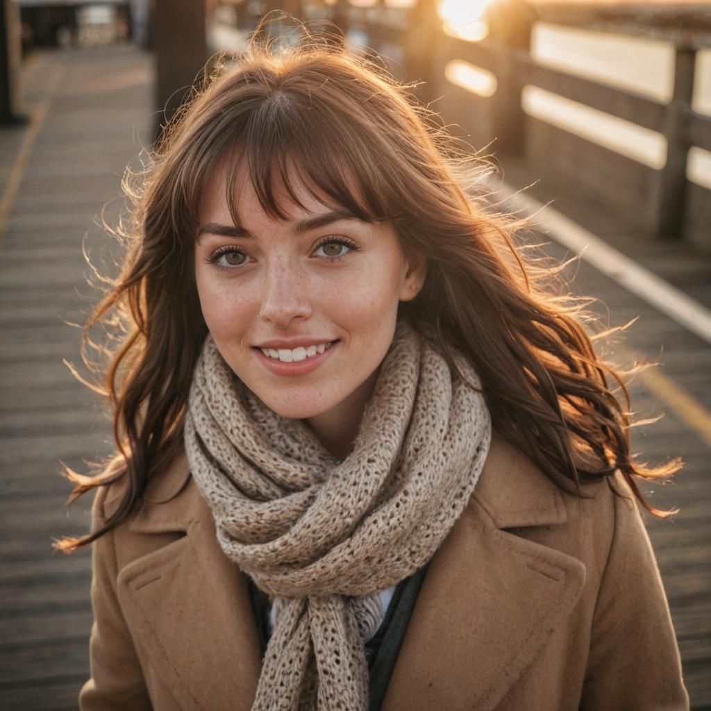 Photorealistic Portrait of Woman on Pier at Dusk