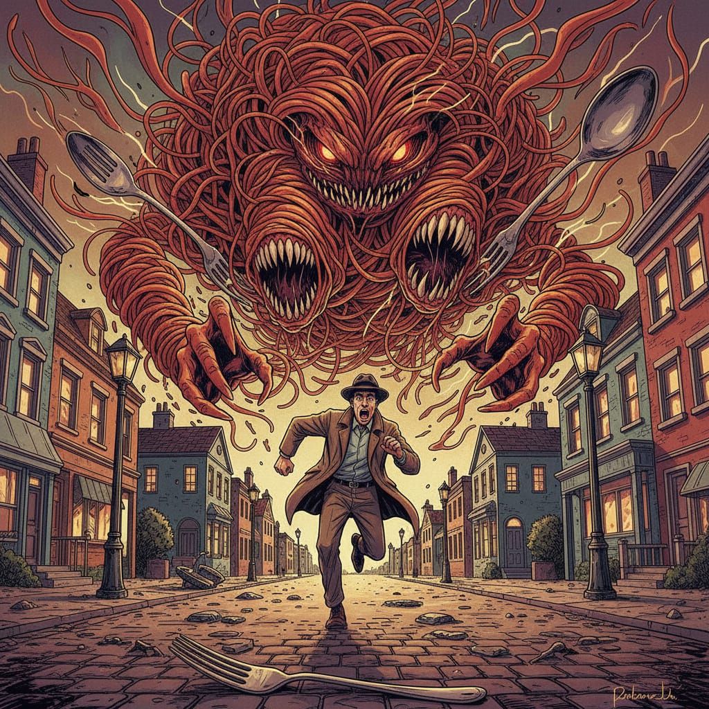 Man Fleeing Spaghetti Monster in Comic Style
