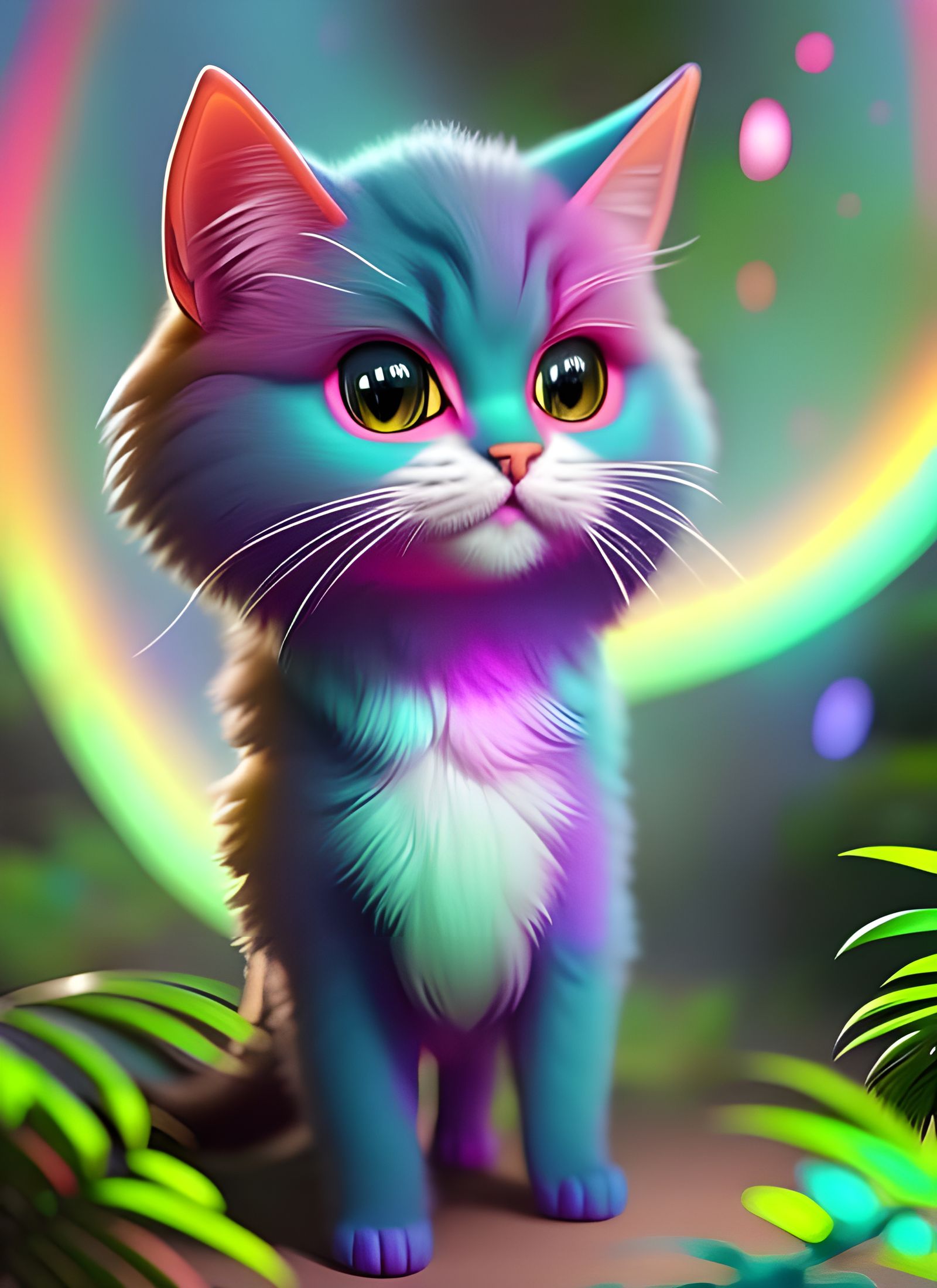 Neon Rainbow Kitten Portrait in Cyberpunk Style