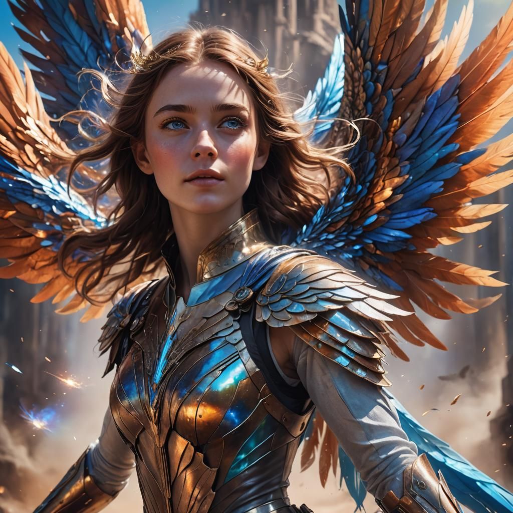 Girl Hero with Metallic Wings in Fantasy Painting